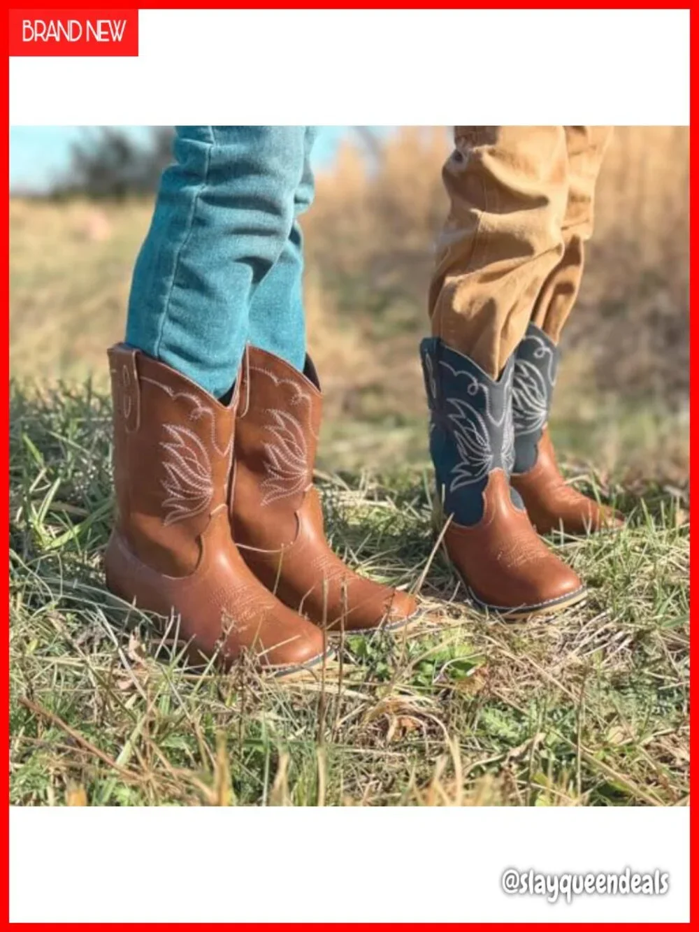 Kids Cowboy Boots Square Toe Faux Leather Western Equestrian